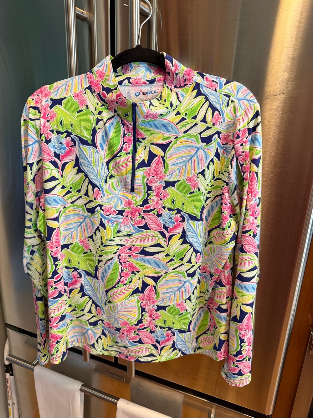 IBKUL Women's Long-Sleeve Tropical Quarter-Zip Top - Pink, Green & Blue
